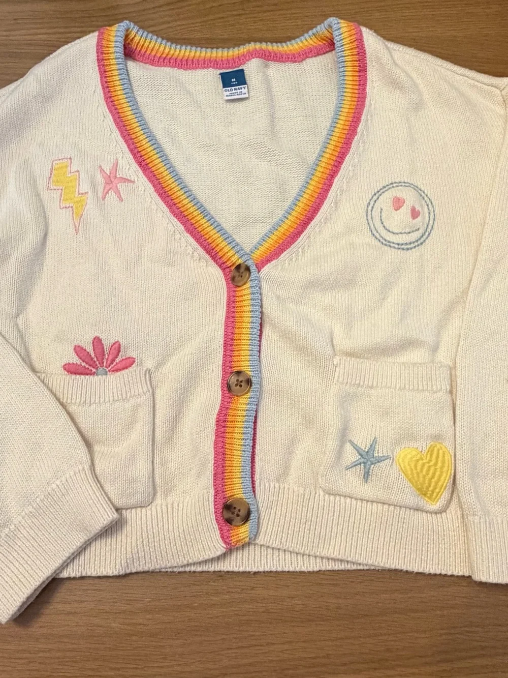 3 for $18 Old Navy Cream V-Neck Cardigan with Rainbow Trim
